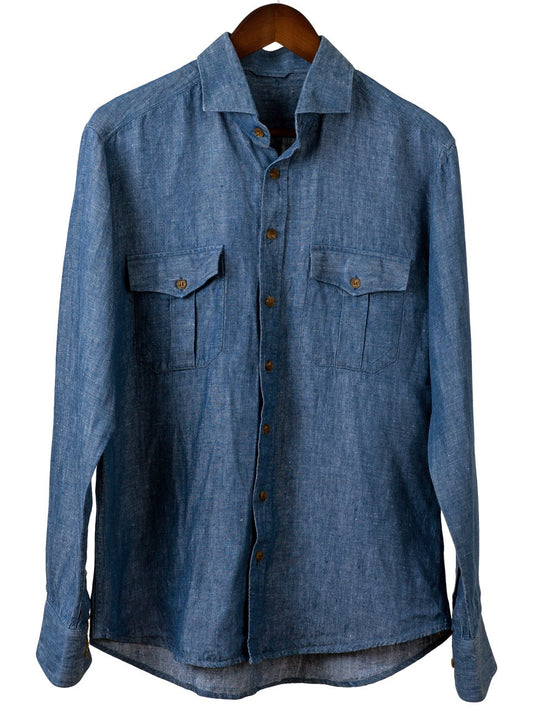 MEN'S SAFARI SHIRT in Indigo Linen, Shirt, Hickman & Bousfield - Hickman & Bousfield, Safari and Travel Clothing